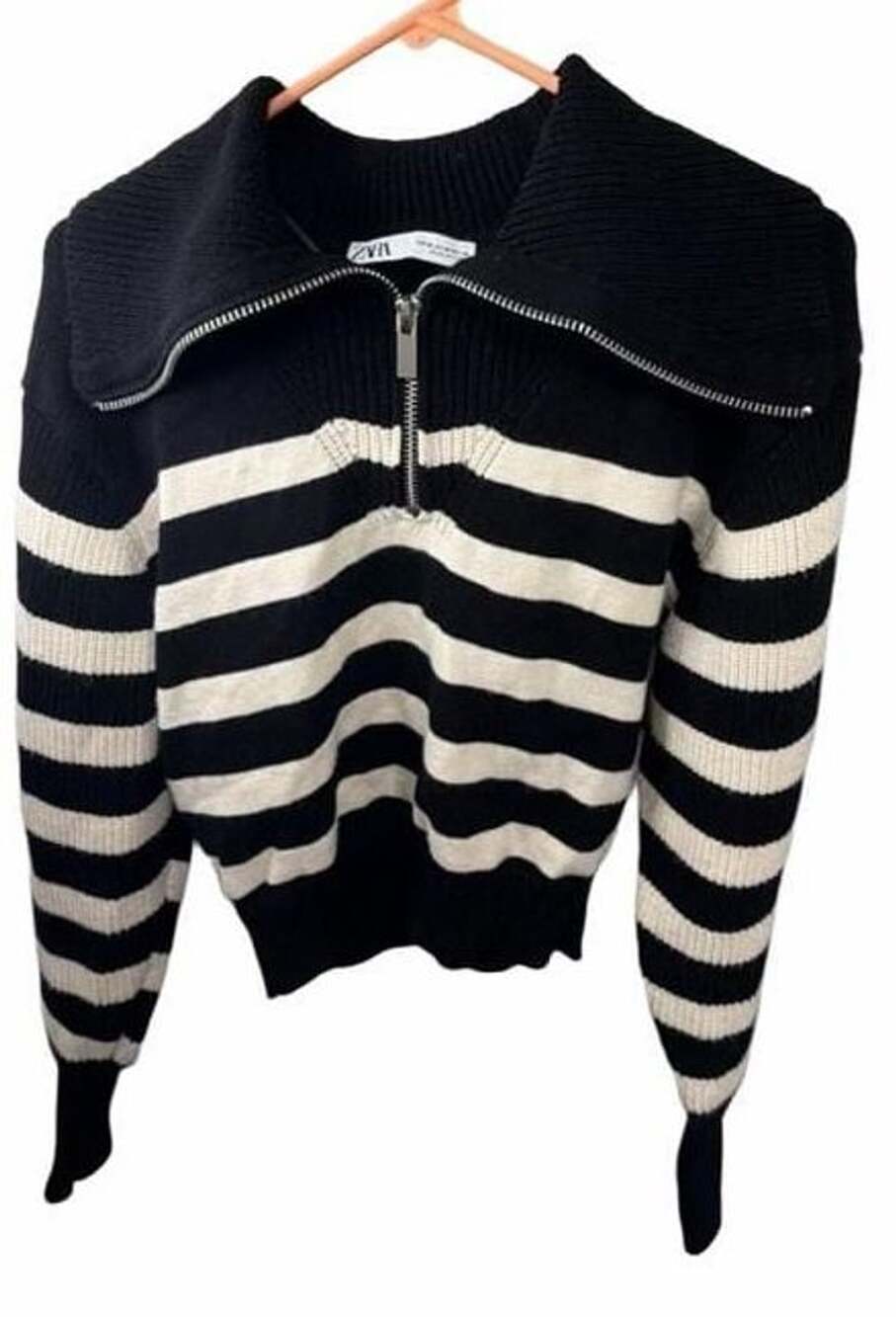 Zara Striped High Neck Half Zip Cape Collar Chunky Rib Knit Crop Sweater M
